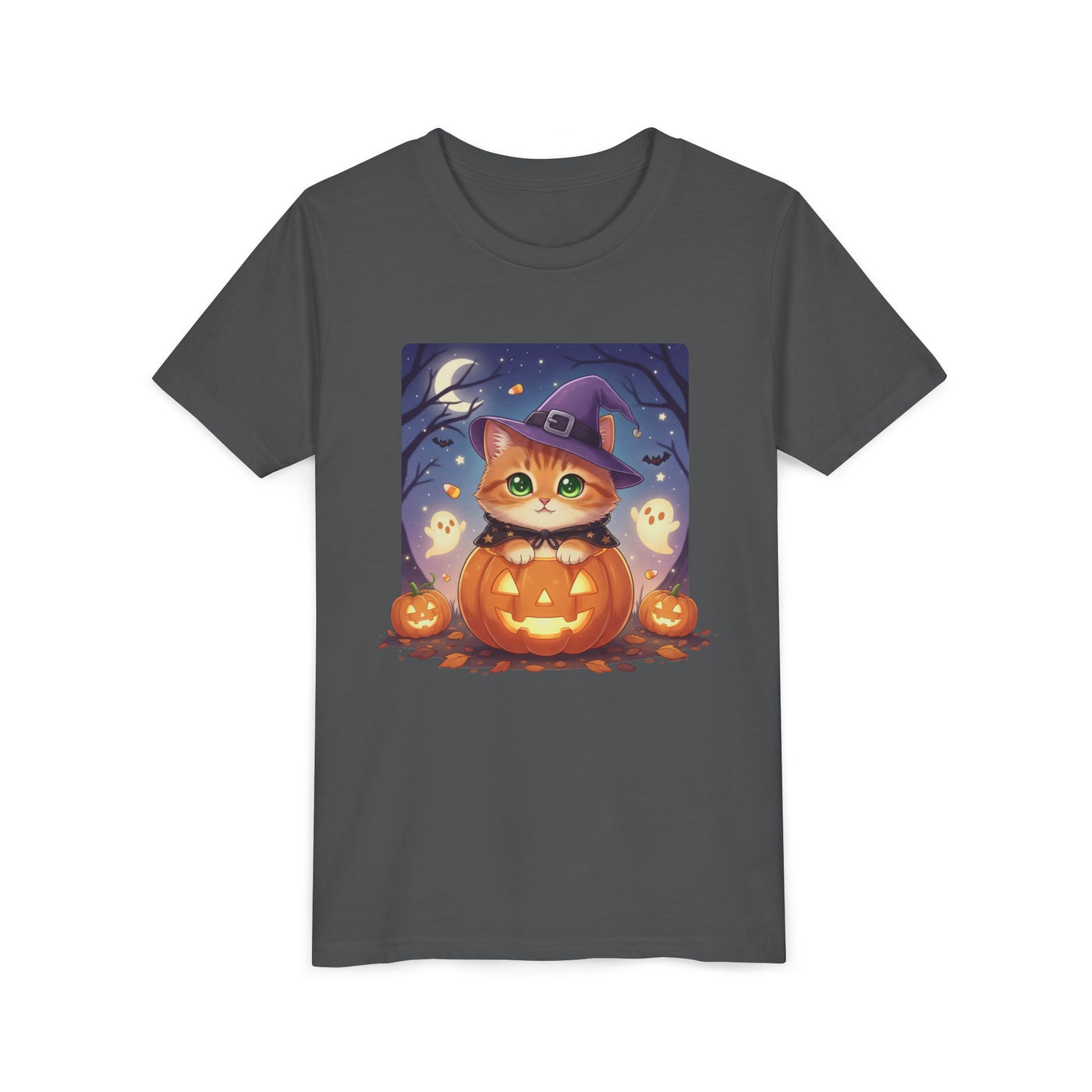 Halloween cute kitten anime style 7 Unisex Youth Tee | T-Shirt, Cute Pumpkin Shirt, Kids Halloween Outfit, Cat Lover Gift, Fun Fall Apparel