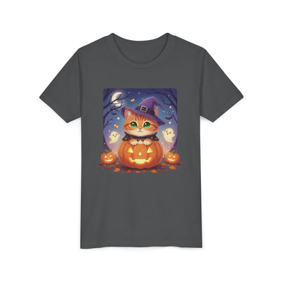 Halloween cute kitten anime style 7 Unisex Youth Tee | T-Shirt, Cute Pumpkin Shirt, Kids Halloween Outfit, Cat Lover Gift, Fun Fall Apparel