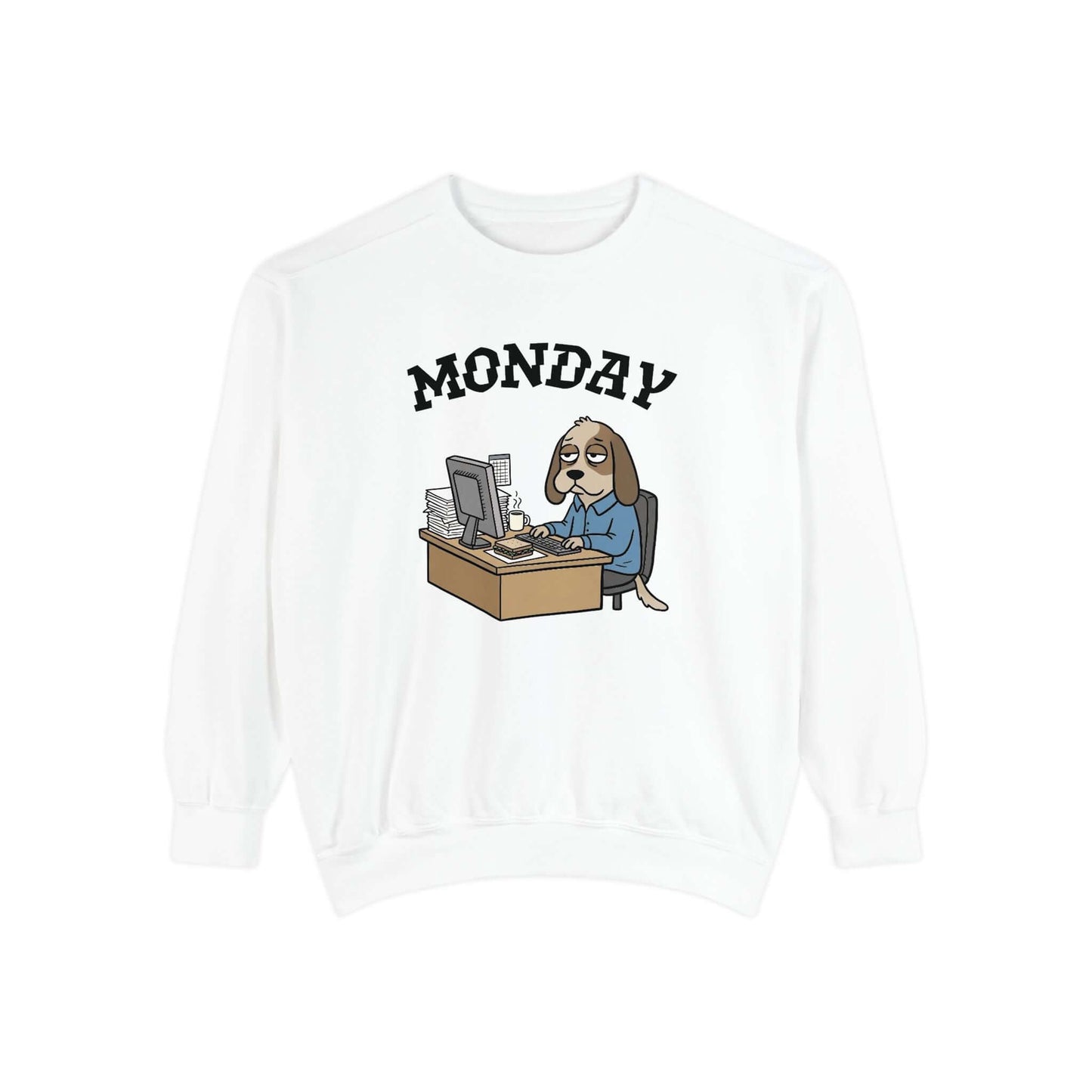 Monday Face Dog Stares Blankly Unisex Crewneck Sweatshirt with cartoon dog at desk under "MONDAY" banner.