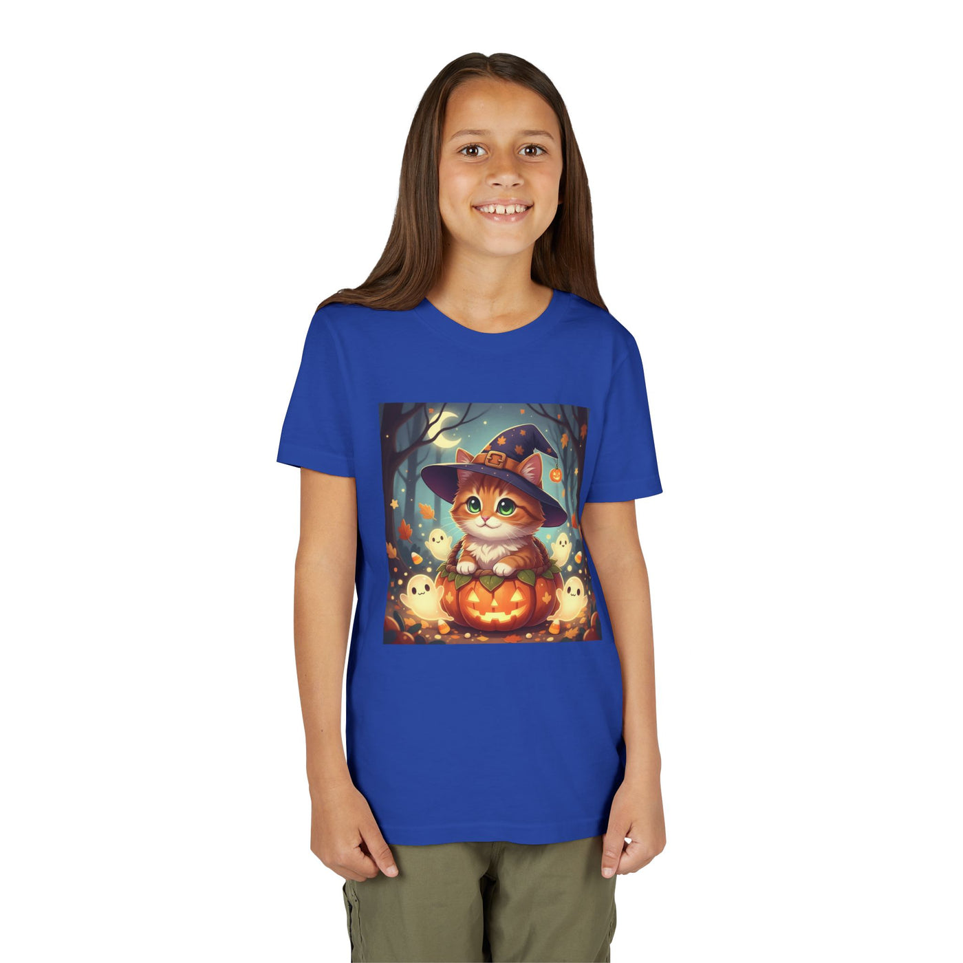 Halloween cute kitten anime style 3 Unisex Youth Tee | T-Shirt, Cute Pumpkin Shirt, Kids Halloween Outfit, Cat Lover Gift, Fun Fall Apparel
