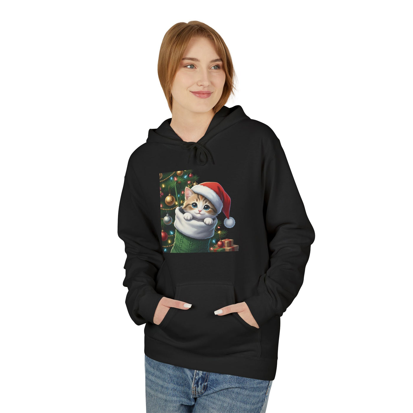 Adorable kitten hiding in Christmas stocking style 2 Cozy Graphic Unisex Midweight Softstyle Fleece Hoodie