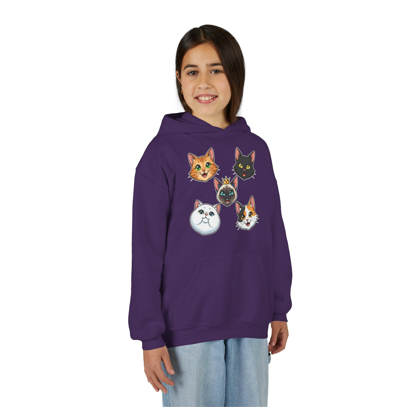 Cute Cat Heads Unisex Youth Hoodie, Fun Pet Lover Sweater, Kids Gift, Animal Lover Apparel, Perfect for Birthdays & Holidays