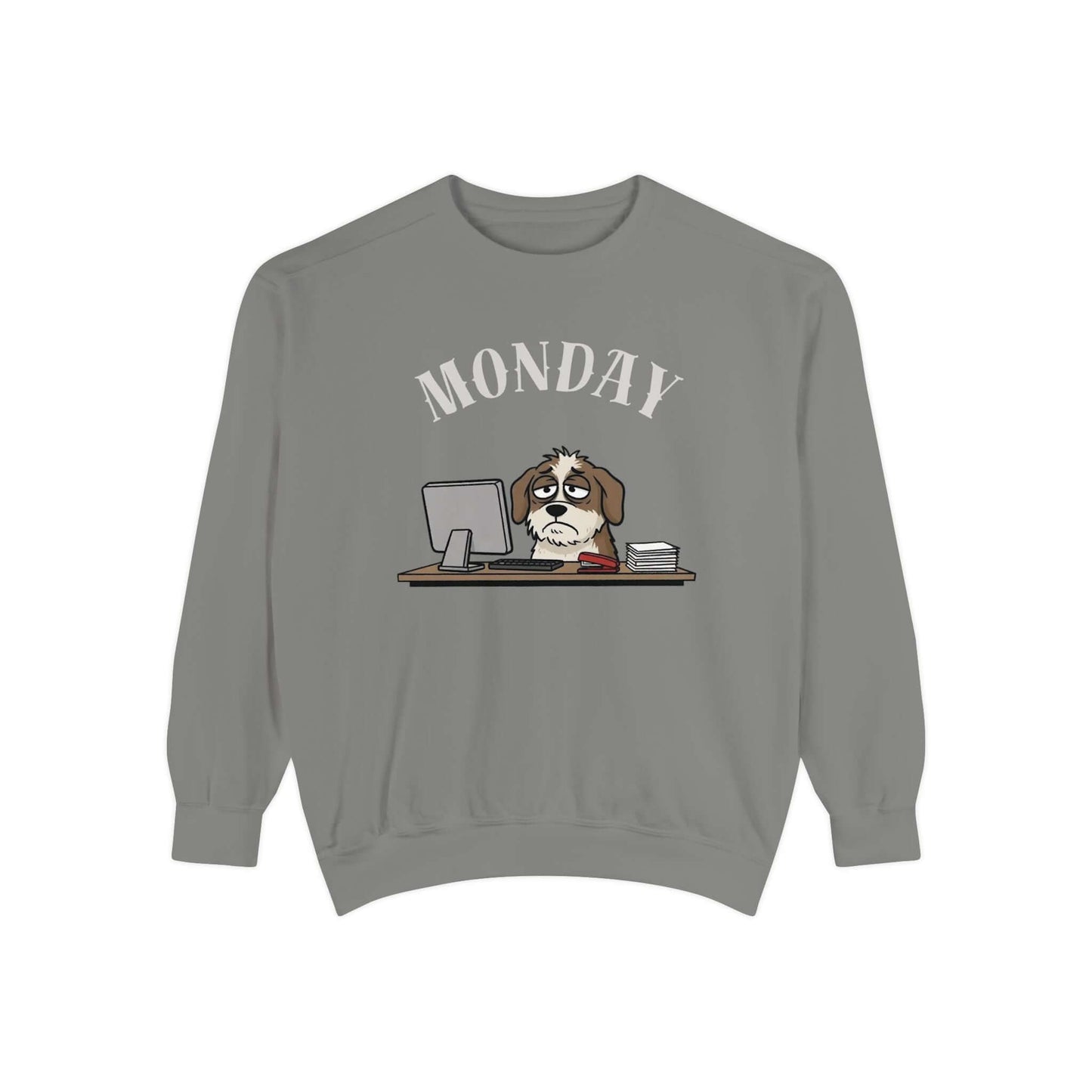 Monday Face Dog Stares Blankly Unisex Crewneck Sweatshirt in gray with dog graphic and MONDAY text.