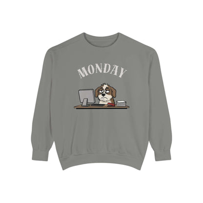 Monday Face Dog Stares Blankly Unisex Crewneck Sweatshirt in gray with dog graphic and MONDAY text.