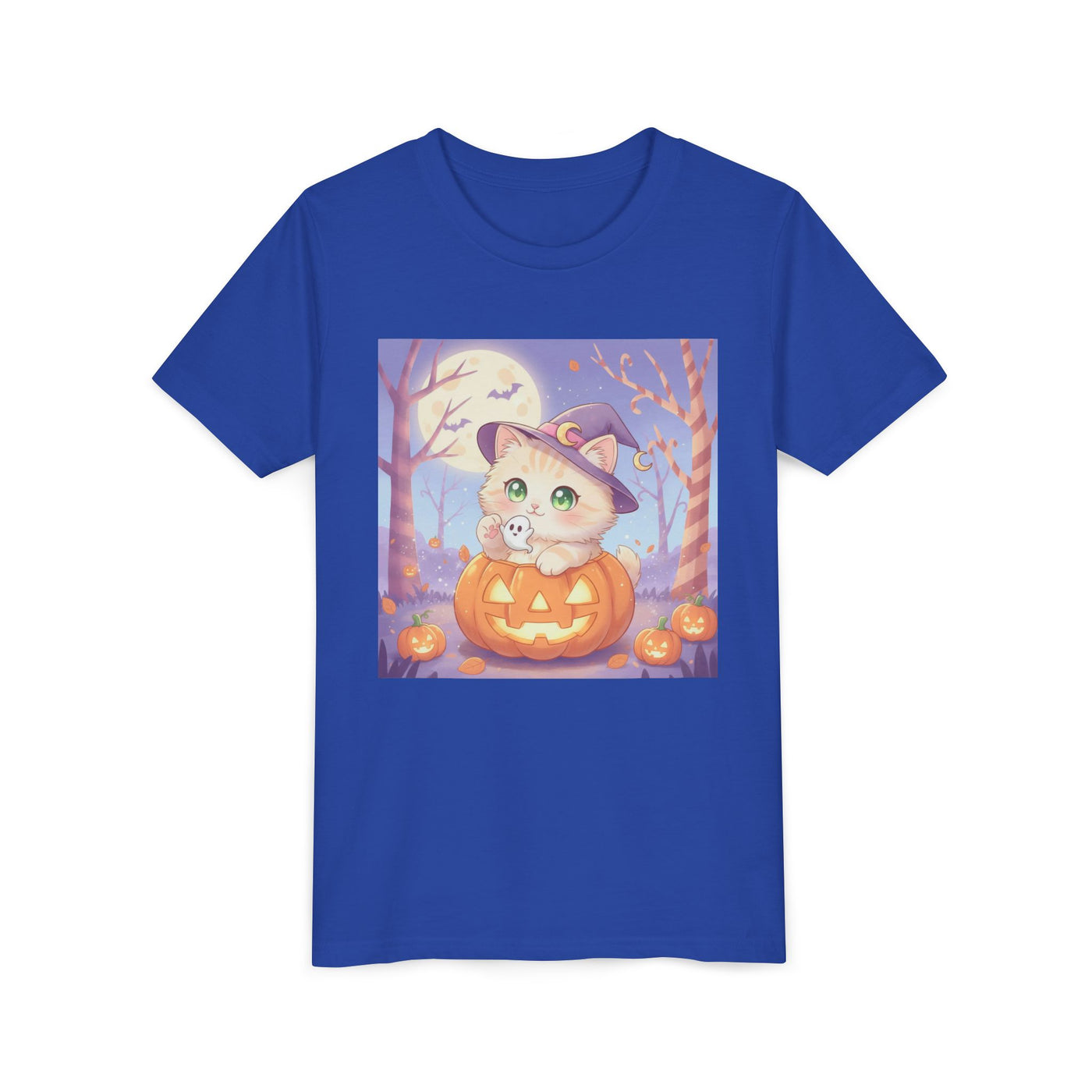 Halloween cute kitten anime style 1 Unisex Youth Tee | T-Shirt, Cute Pumpkin Shirt, Kids Halloween Outfit, Cat Lover Gift, Fun Fall Apparel