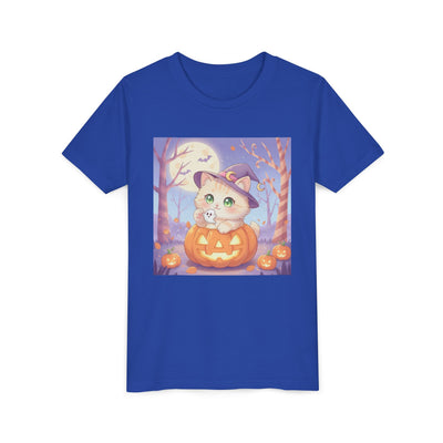 Halloween cute kitten anime style 1 Unisex Youth Tee | T-Shirt, Cute Pumpkin Shirt, Kids Halloween Outfit, Cat Lover Gift, Fun Fall Apparel