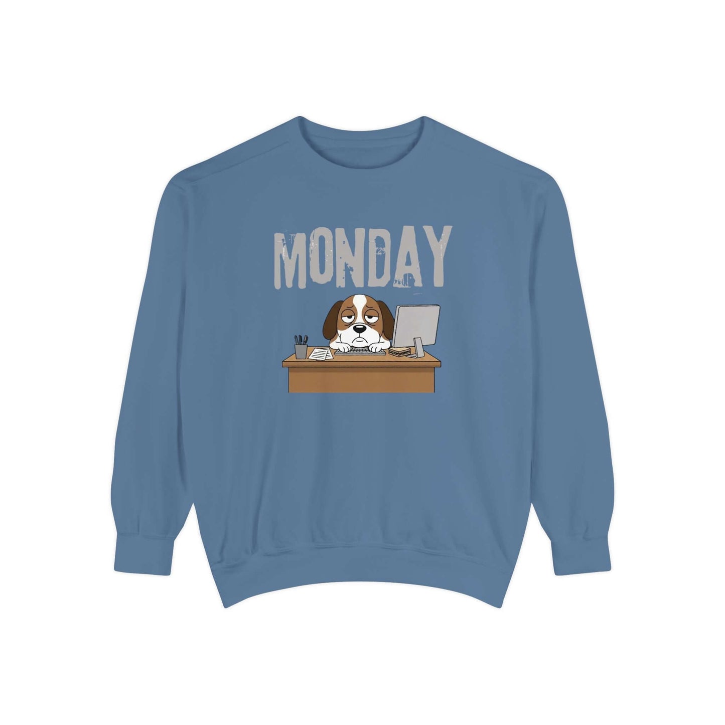 Monday Face Dog Stares Blankly Unisex Crewneck Sweatshirt with a dog under a "MONDAY" banner.
