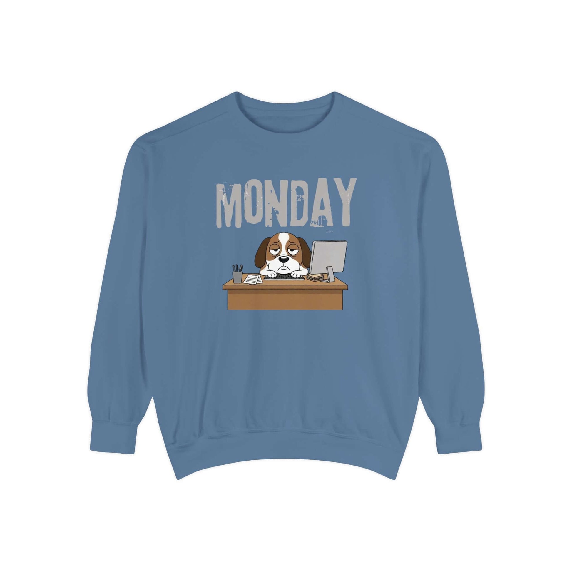 Monday Face Dog Stares Blankly Unisex Crewneck Sweatshirt with a dog under a "MONDAY" banner.