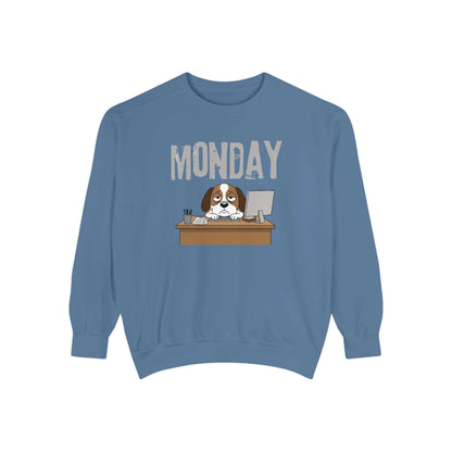 Monday Face Dog Stares Blankly Unisex Crewneck Sweatshirt with a dog under a "MONDAY" banner.