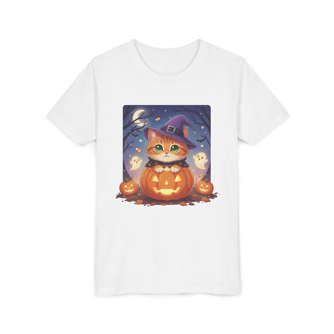 Halloween cute kitten anime style 7 Unisex Youth Tee | T-Shirt, Cute Pumpkin Shirt, Kids Halloween Outfit, Cat Lover Gift, Fun Fall Apparel