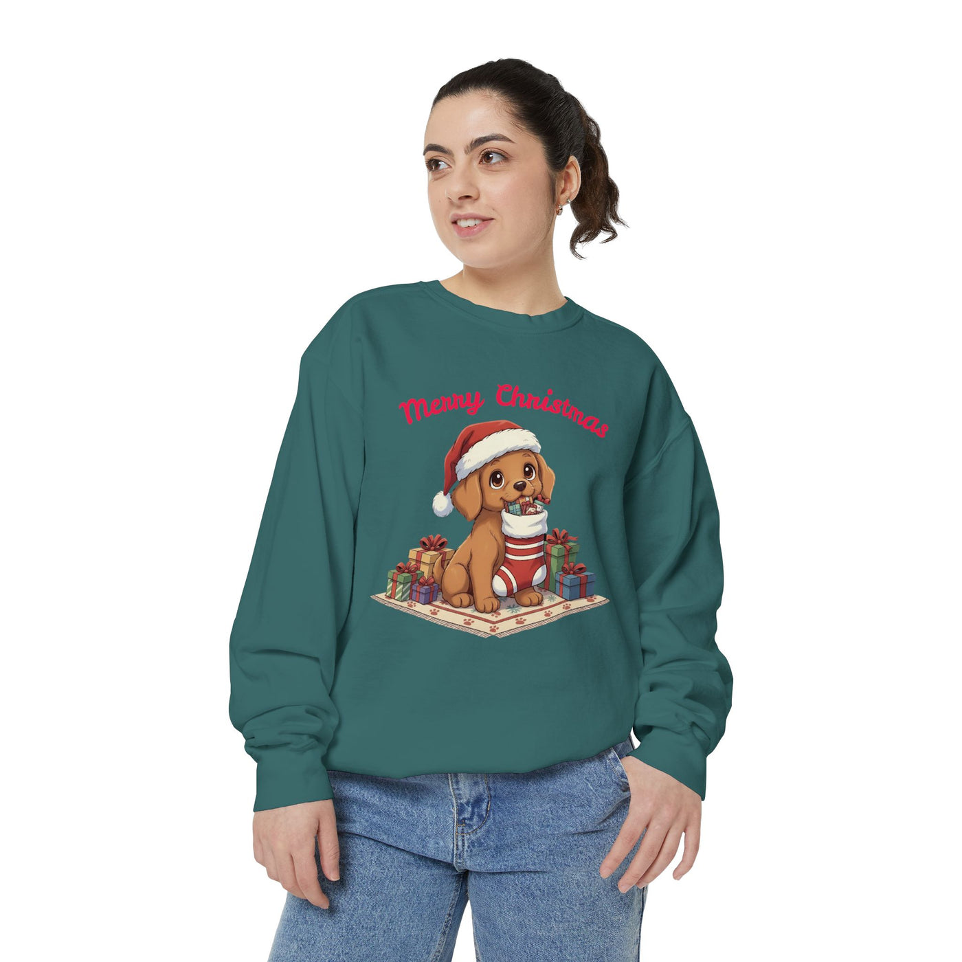 Cute Puppy waiting for Christmas presents style 2 Cozy Graphic Unisex Crewneck Sweatshirt