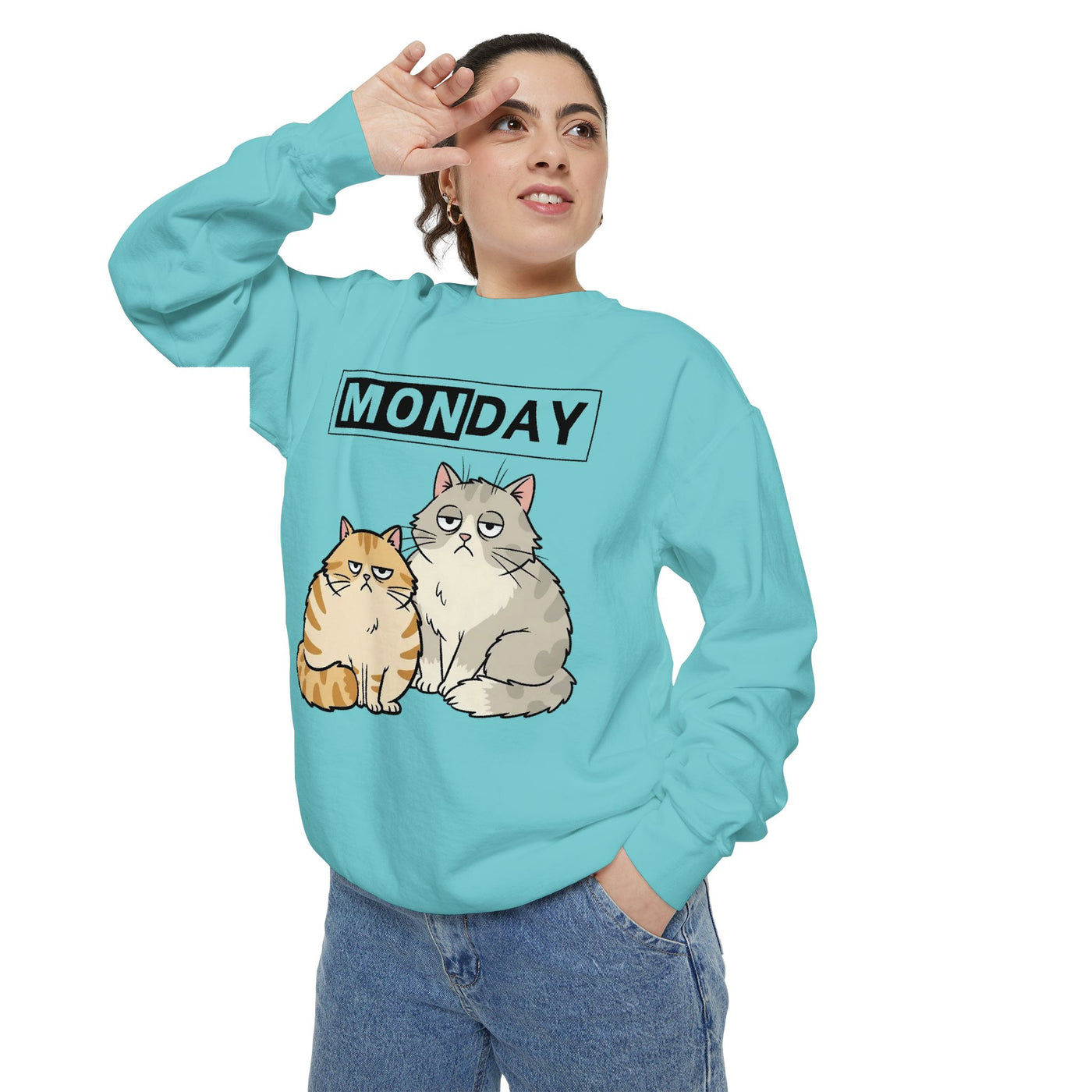 Monday Face Cat Stares Blankly Unisex Crewneck Sweatshirt style 1