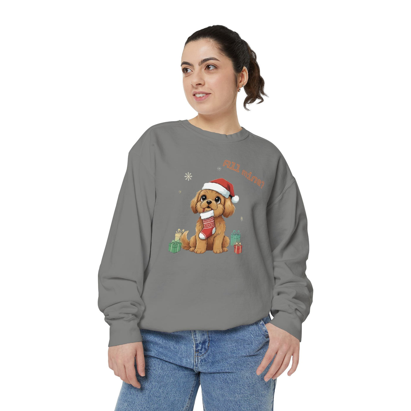 Cute Puppy waiting for Christmas presents style 8 Cozy Graphic Unisex Crewneck Sweatshirt