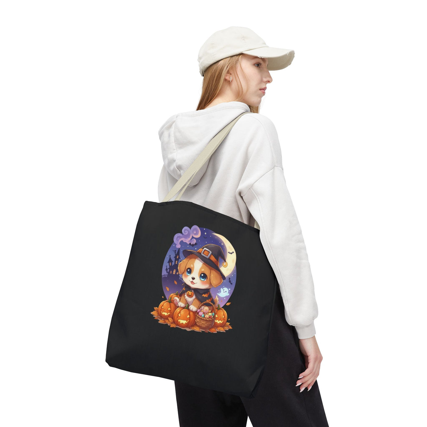 Adorable Halloween Puppy anime style Tote Bag, Pumpkin Lover Gift, Cute Dog Design, Witch Theme, Eco-Friendly Shopping Bag
