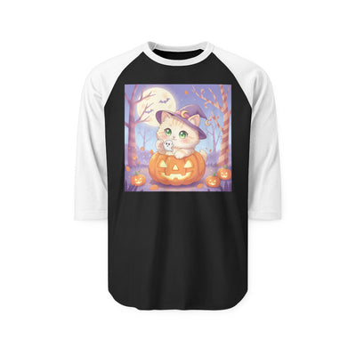 Halloween cute kitten anime style 1 Raglan Shirt, Unisex Halloween Top, Pumpkin Cat Shirt, Cute Cat Tee, Spooky Casual Wear