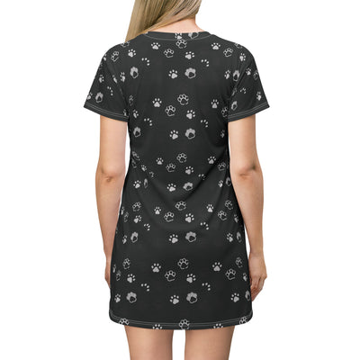 Black Cat Paw Print T-Shirt Dress - Perfect for Pet Lovers