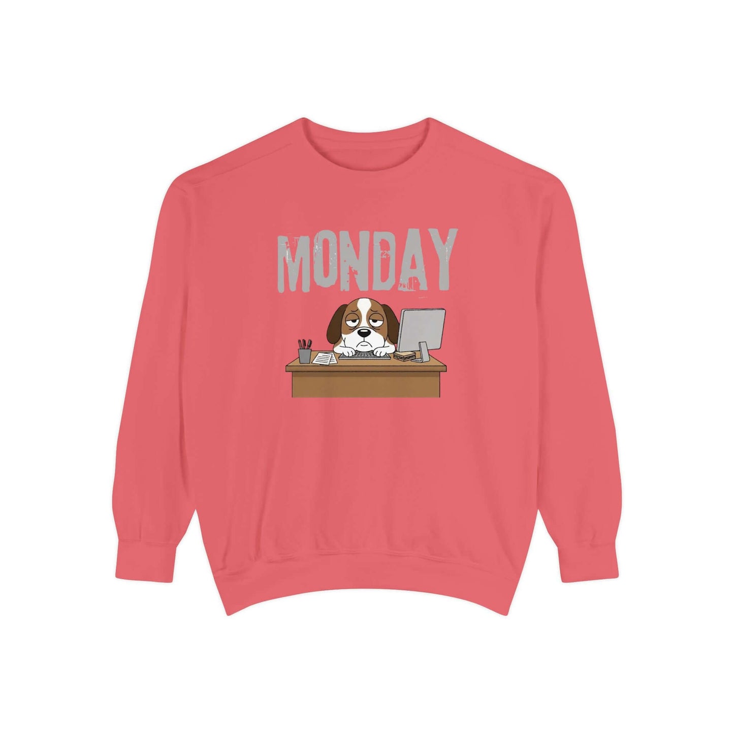 Monday Face Dog Stares Blankly Unisex Crewneck Sweatshirt featuring a dog with a computer and a 'MONDAY' banner.