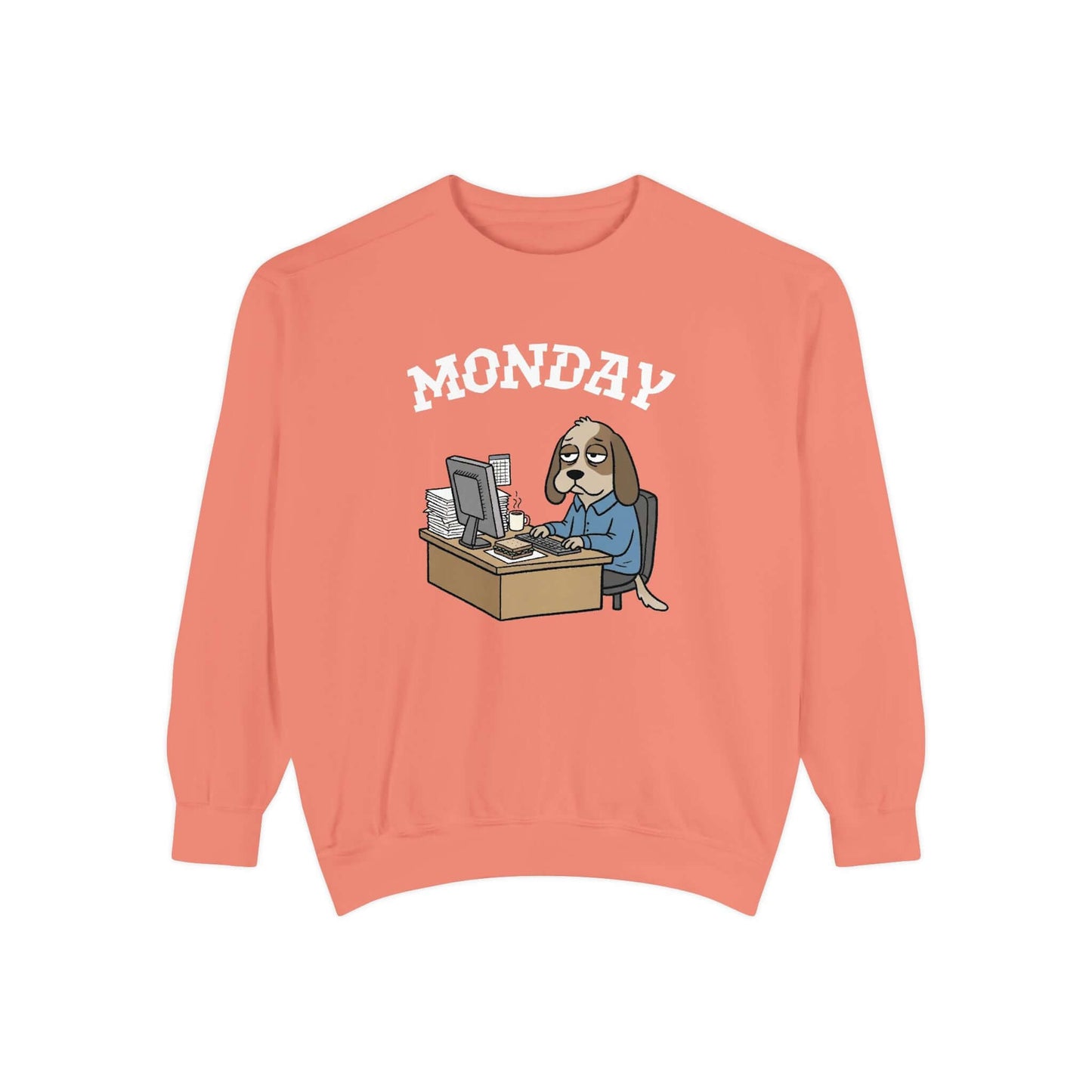 Monday Face Dog Stares Blankly Unisex Crewneck Sweatshirt, soft coral color, featuring a humorous dog graphic for relaxed mornings.