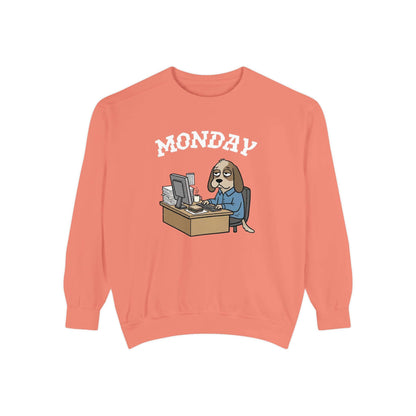 Monday Face Dog Stares Blankly Unisex Crewneck Sweatshirt, soft coral color, featuring a humorous dog graphic for relaxed mornings.