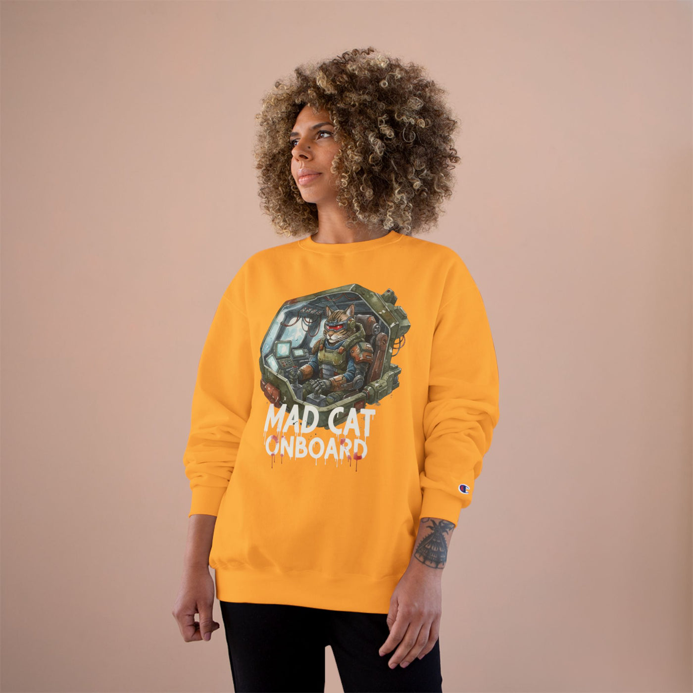 Mad Cat Onboard Graphic style 1 Champion Crewneck Sweatshirt for Gamers & Sci‑Fi Fans