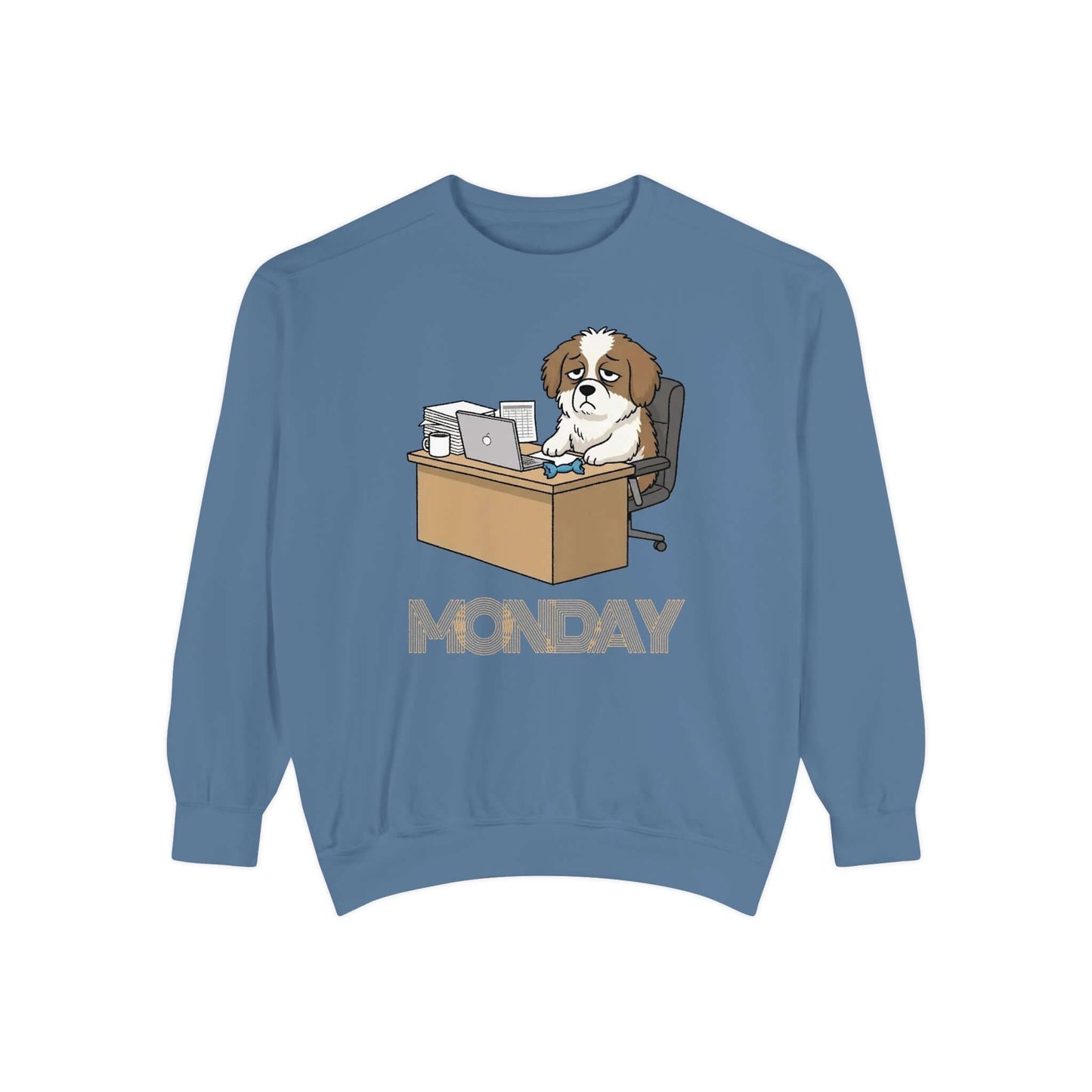 Monday Face Dog Stares Blankly Unisex Crewneck Sweatshirt with dog at desk under 'MONDAY' banner.