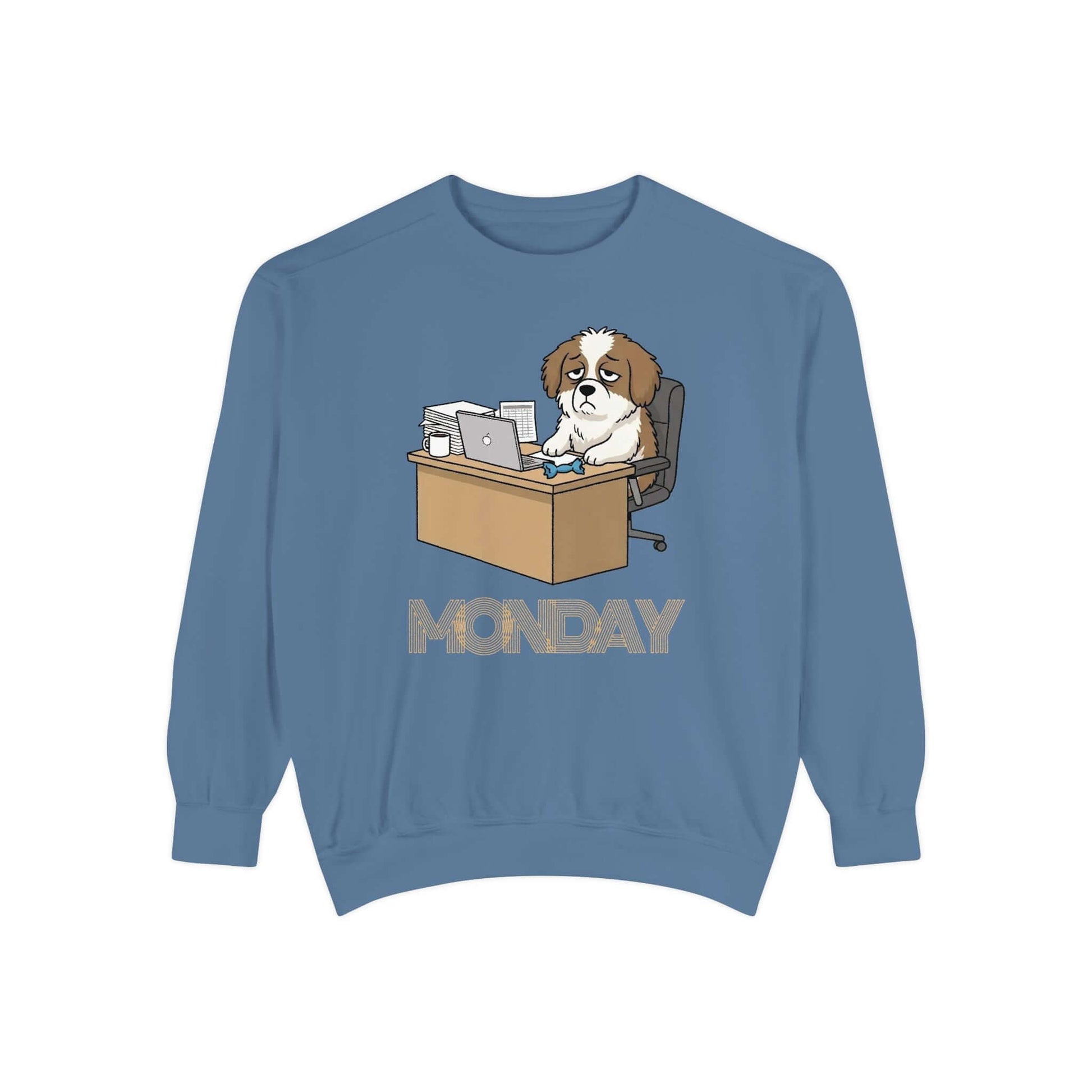 Monday Face Dog Stares Blankly Unisex Crewneck Sweatshirt with dog at desk under 'MONDAY' banner.