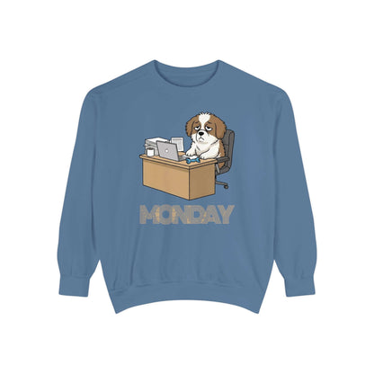 Monday Face Dog Stares Blankly Unisex Crewneck Sweatshirt with dog at desk under 'MONDAY' banner.