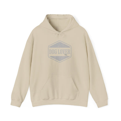 Dog Lover plus Slogan on Back Unisex Pullover Hoodie in beige with vintage-style badge.