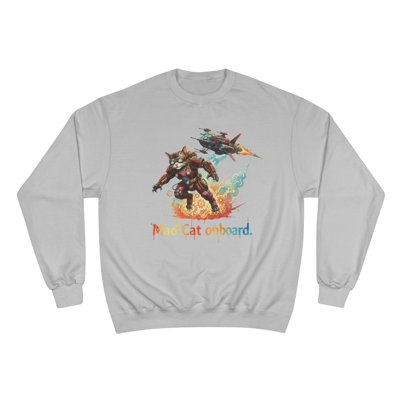 Mad Cat Onboard Graphic style 2 Champion Crewneck Sweatshirt for Gamers & Sci‑Fi Fans