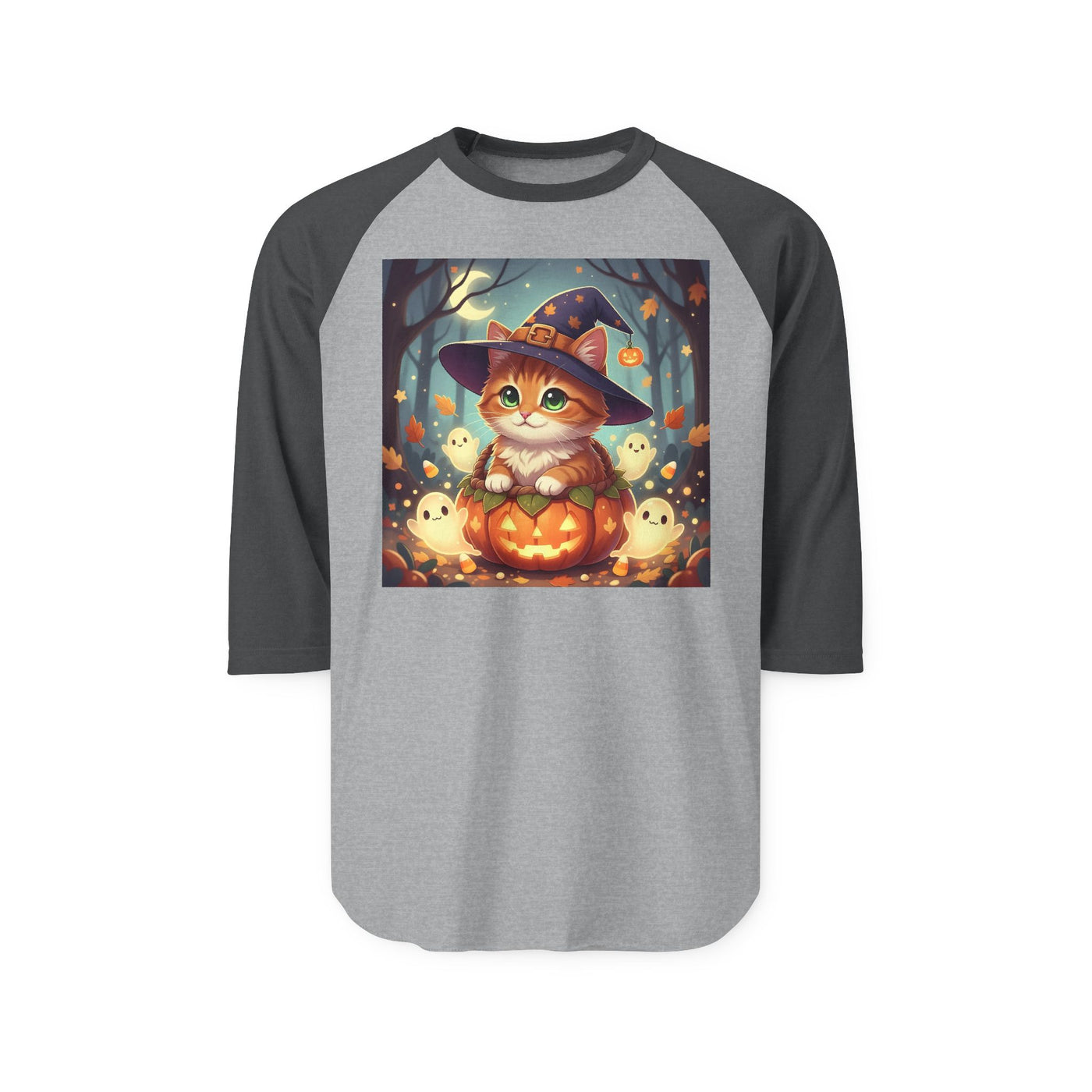 Halloween cute kitten anime style 3 Raglan Shirt, Unisex Halloween Top, Pumpkin Cat Shirt, Cute Cat Tee, Spooky Casual Wear