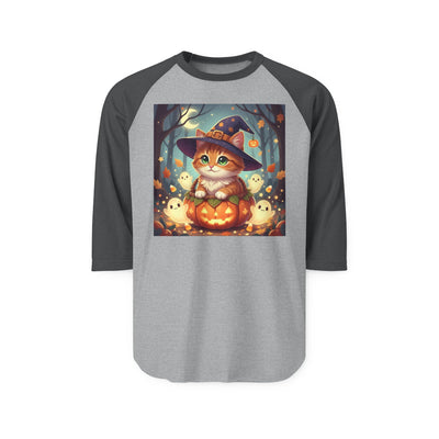 Halloween cute kitten anime style 3 Raglan Shirt, Unisex Halloween Top, Pumpkin Cat Shirt, Cute Cat Tee, Spooky Casual Wear