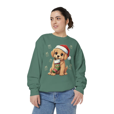 Cute Puppy waiting for Christmas presents style 4 Cozy Graphic Unisex Crewneck Sweatshirt