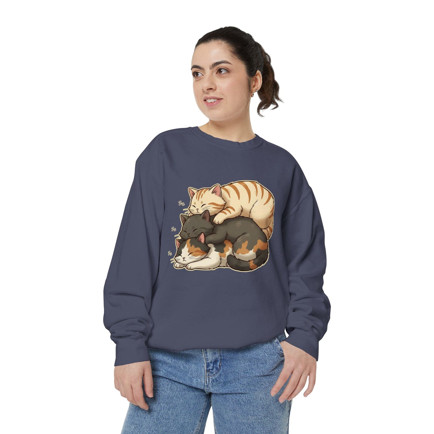 3 Cute Sleeping Cats Cozy Graphic Unisex Crewneck Sweatshirt style 4