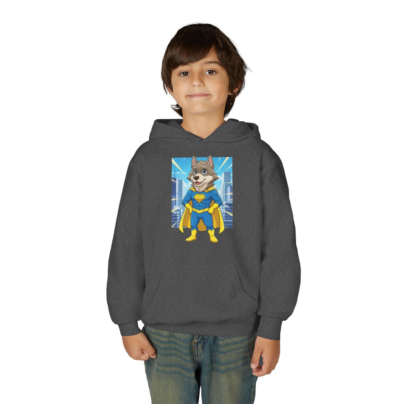 Dog cosplay Superman style 1 Unisex Kids Hoodie - Fun & Cozy Heavy Blend Sweatshirt with Cute Design