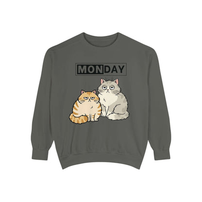 Monday Face Cat Stares Blankly Unisex Crewneck Sweatshirt featuring two cats under a 'MONDAY' banner.