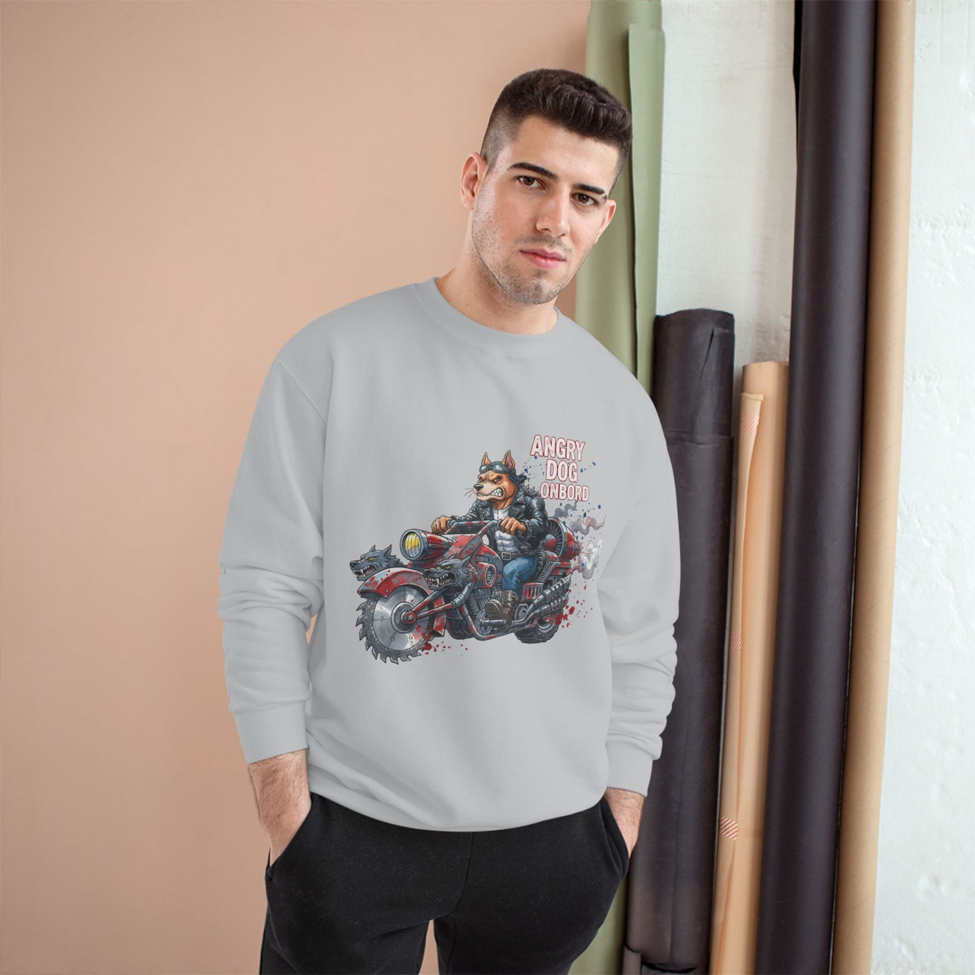 Angry Dog Onboard Graphic style 3 Champion Crewneck Sweatshirt for Gamers & Sci‑Fi Fans