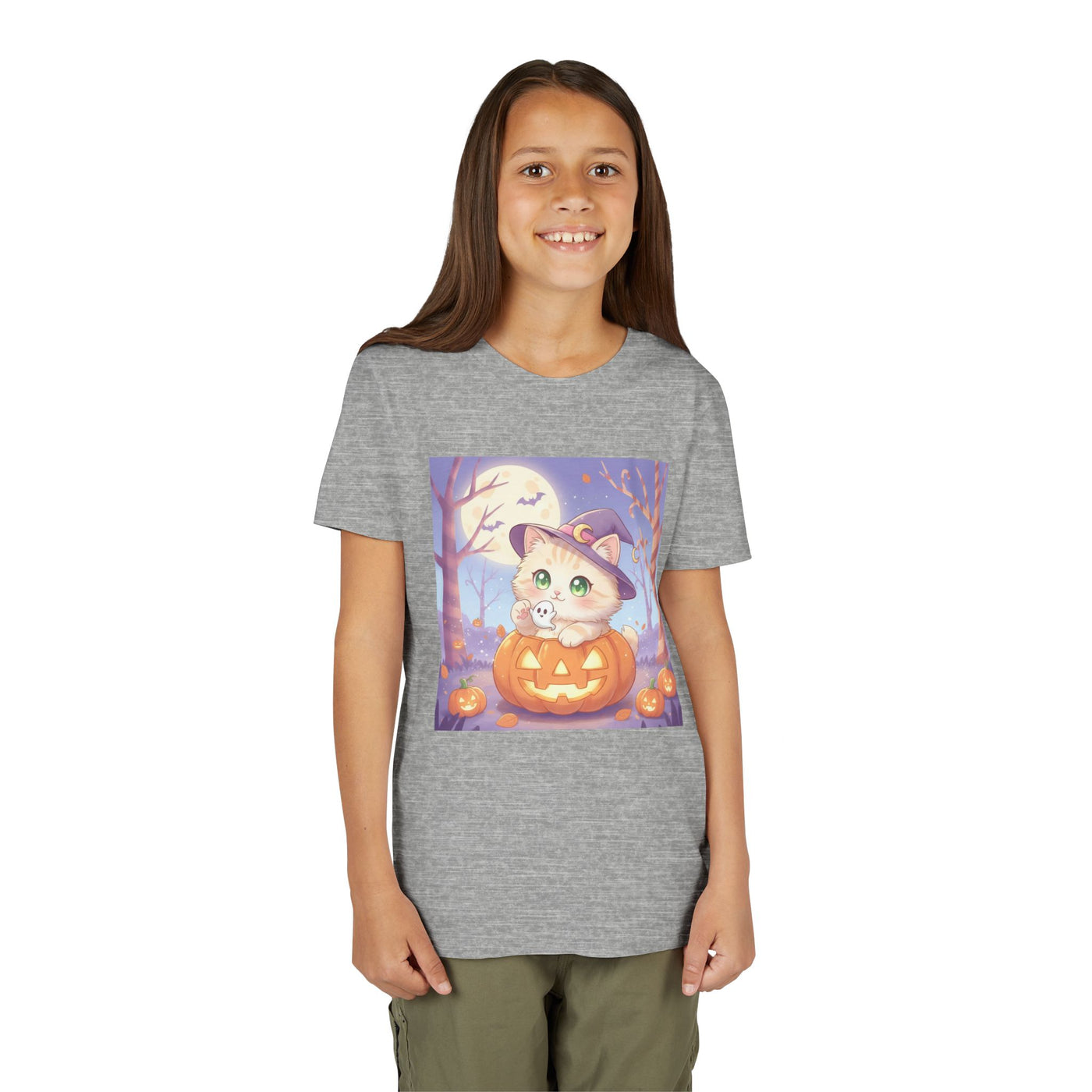 Halloween cute kitten anime style 1 Unisex Youth Tee | T-Shirt, Cute Pumpkin Shirt, Kids Halloween Outfit, Cat Lover Gift, Fun Fall Apparel