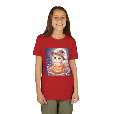 Halloween cute kitten anime style 4 Unisex Youth Tee | T-Shirt, Cute Pumpkin Shirt, Kids Halloween Outfit, Cat Lover Gift, Fun Fall Apparel