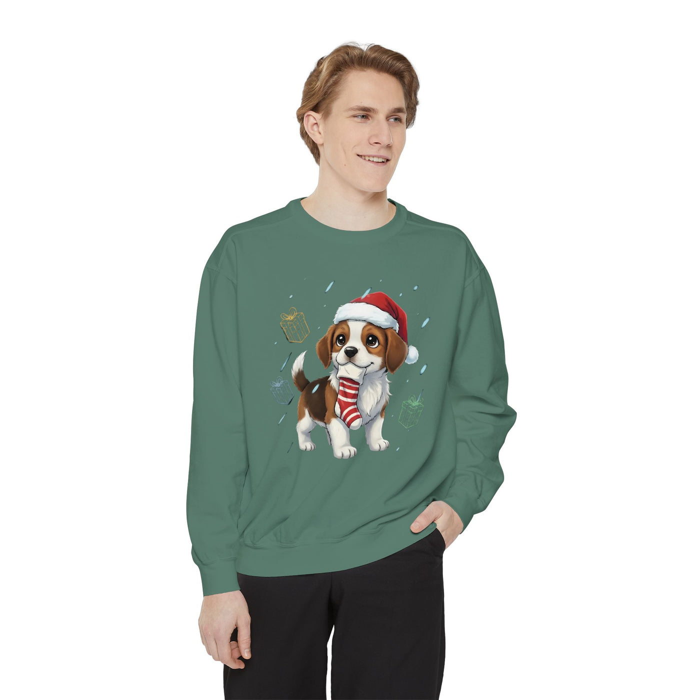 Cute Puppy waiting for Christmas presents style 6 Cozy Graphic Unisex Crewneck Sweatshirt