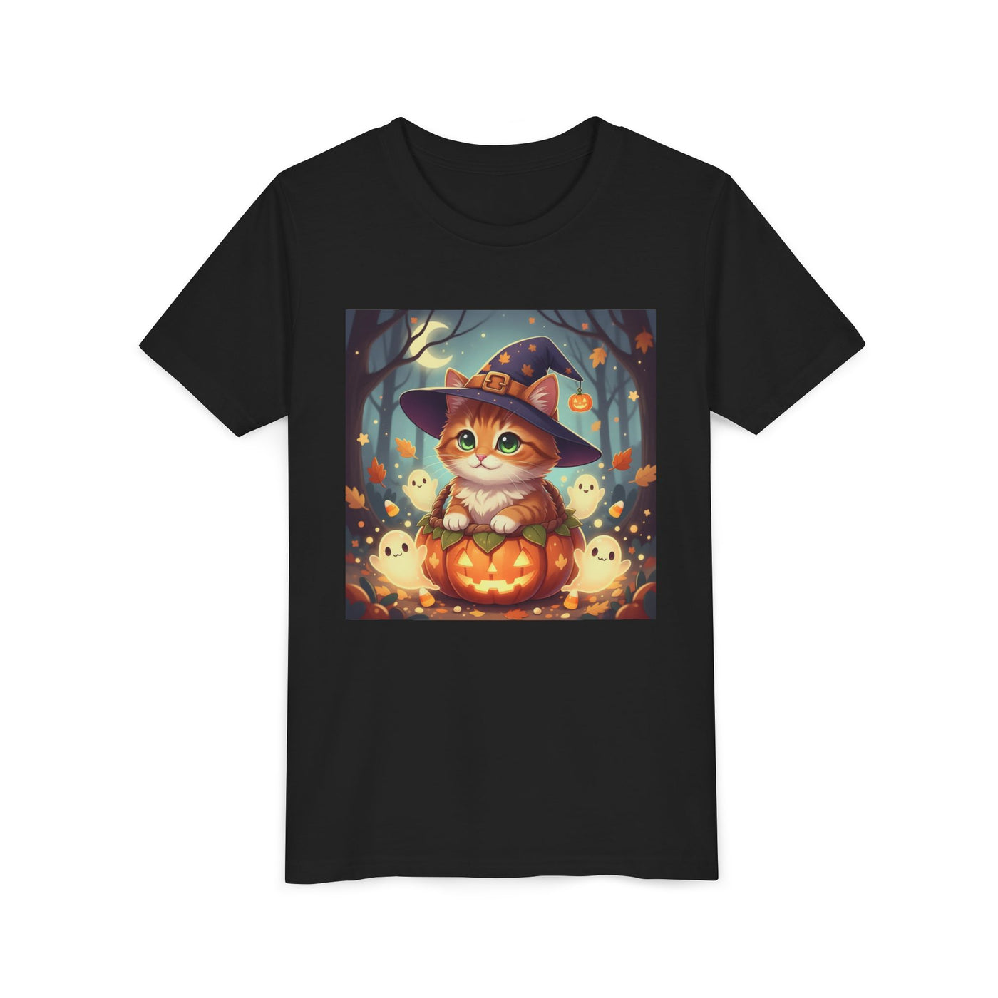 Halloween cute kitten anime style 3 Unisex Youth Tee | T-Shirt, Cute Pumpkin Shirt, Kids Halloween Outfit, Cat Lover Gift, Fun Fall Apparel