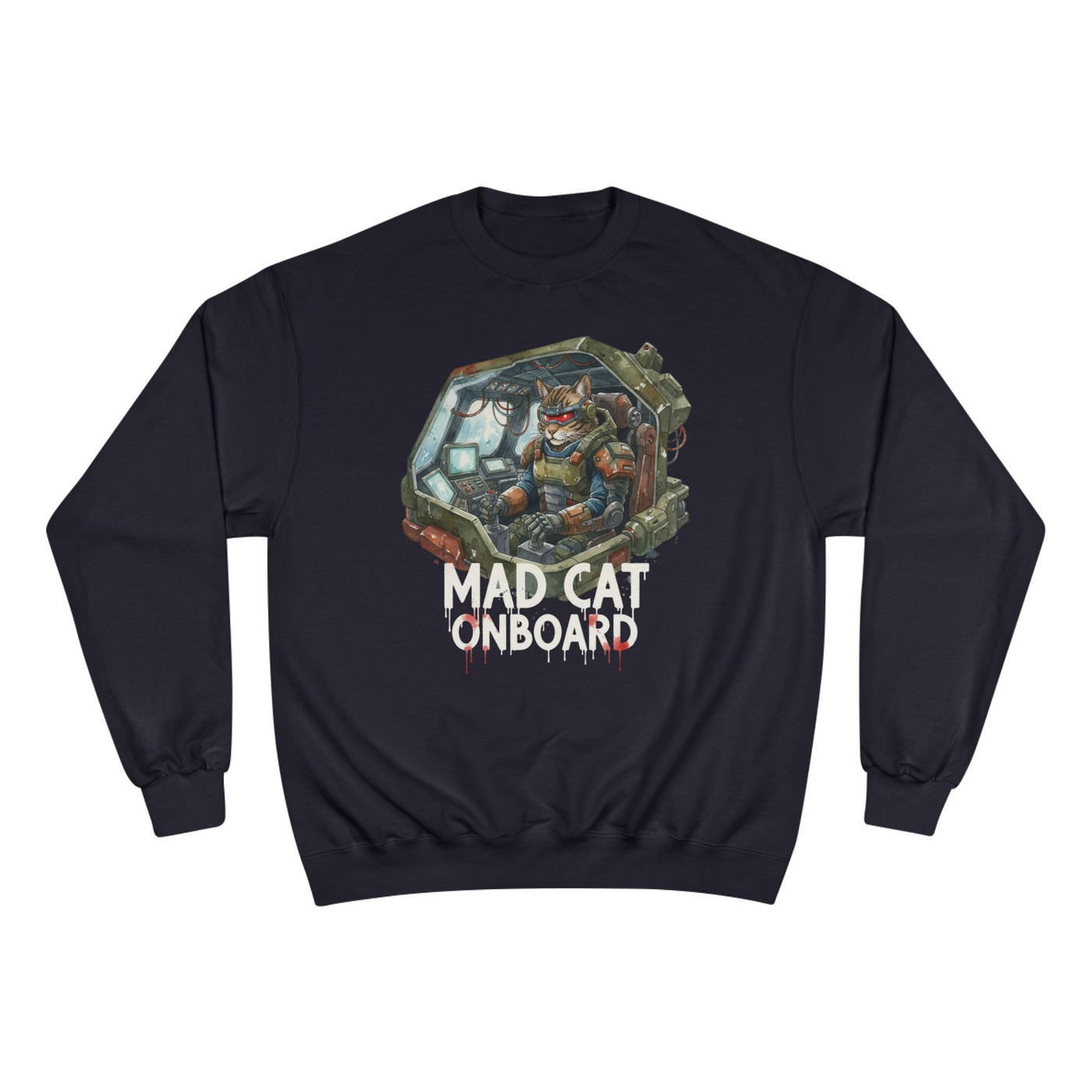 Mad Cat Onboard Graphic style 1 Champion Crewneck Sweatshirt for Gamers & Sci‑Fi Fans