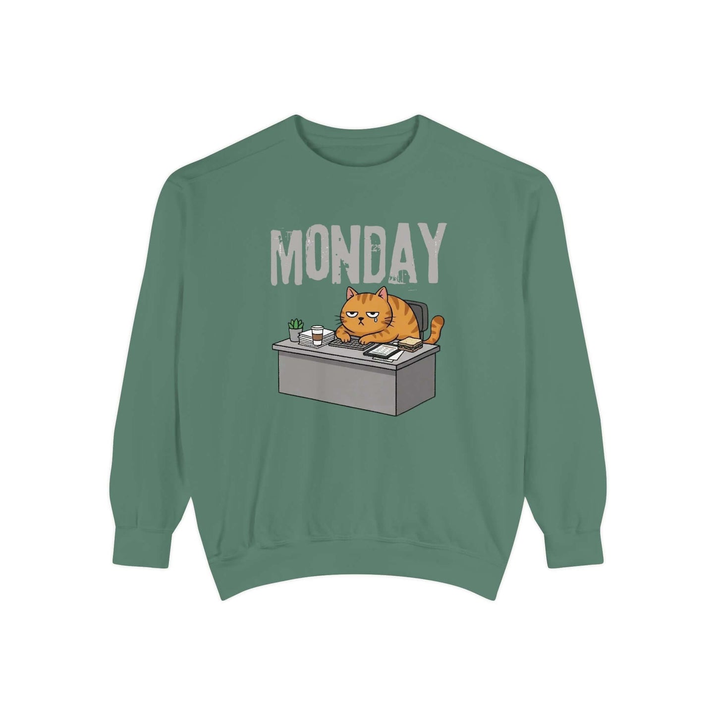 Monday Face Cat Stares Blankly Unisex Crewneck Sweatshirt in green with grumpy cat graphic and 'MONDAY' text.