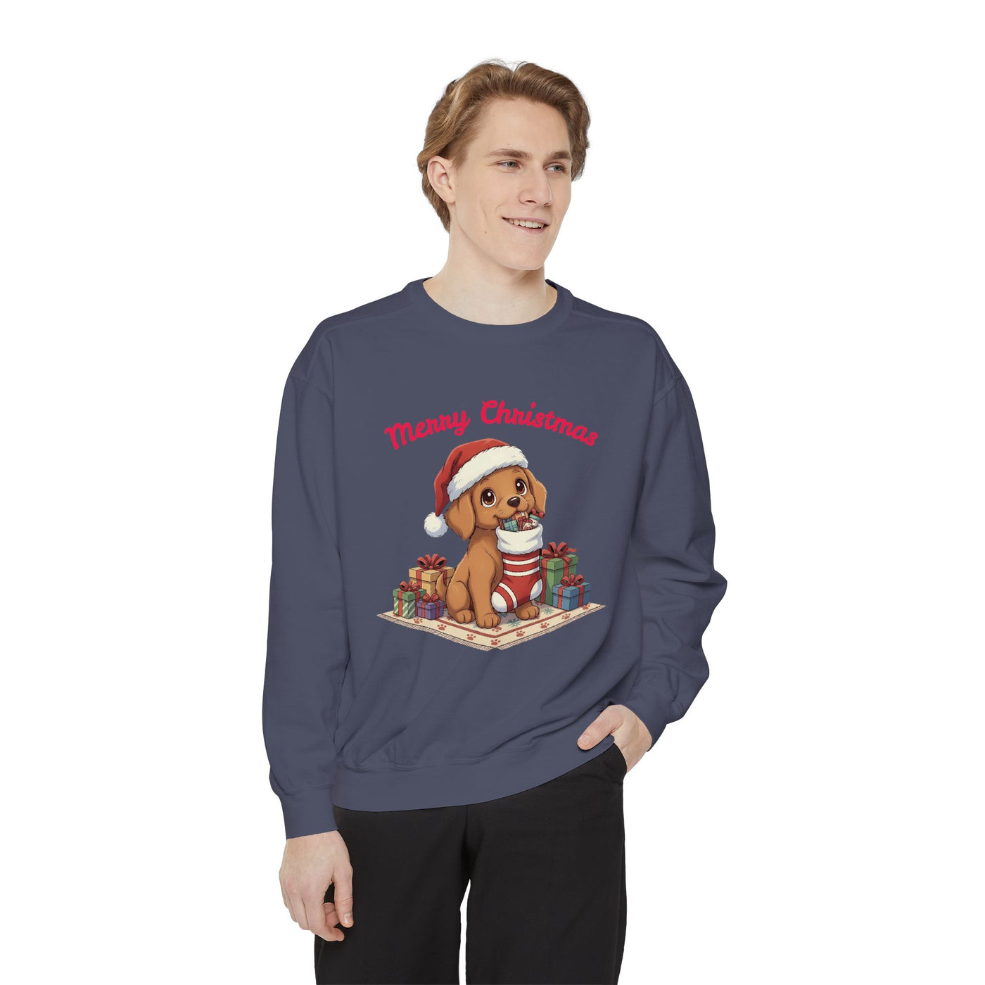 Cute Puppy waiting for Christmas presents style 2 Cozy Graphic Unisex Crewneck Sweatshirt