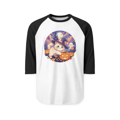 Halloween cute kitten anime style 5 Raglan Shirt, Unisex Halloween Top, Pumpkin Cat Shirt, Cute Cat Tee, Spooky Casual Wear