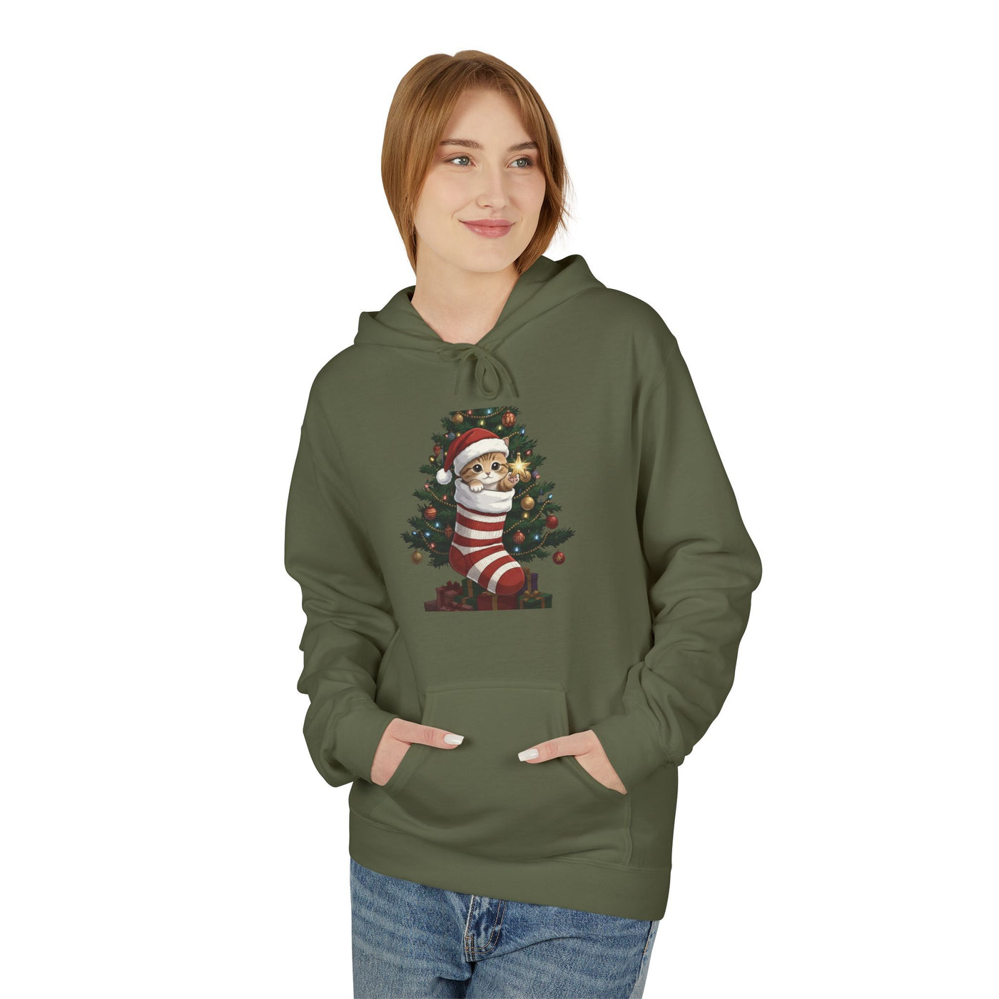 Adorable kitten hiding in Christmas stocking style 3 Cozy Graphic Unisex Midweight Softstyle Fleece Hoodie