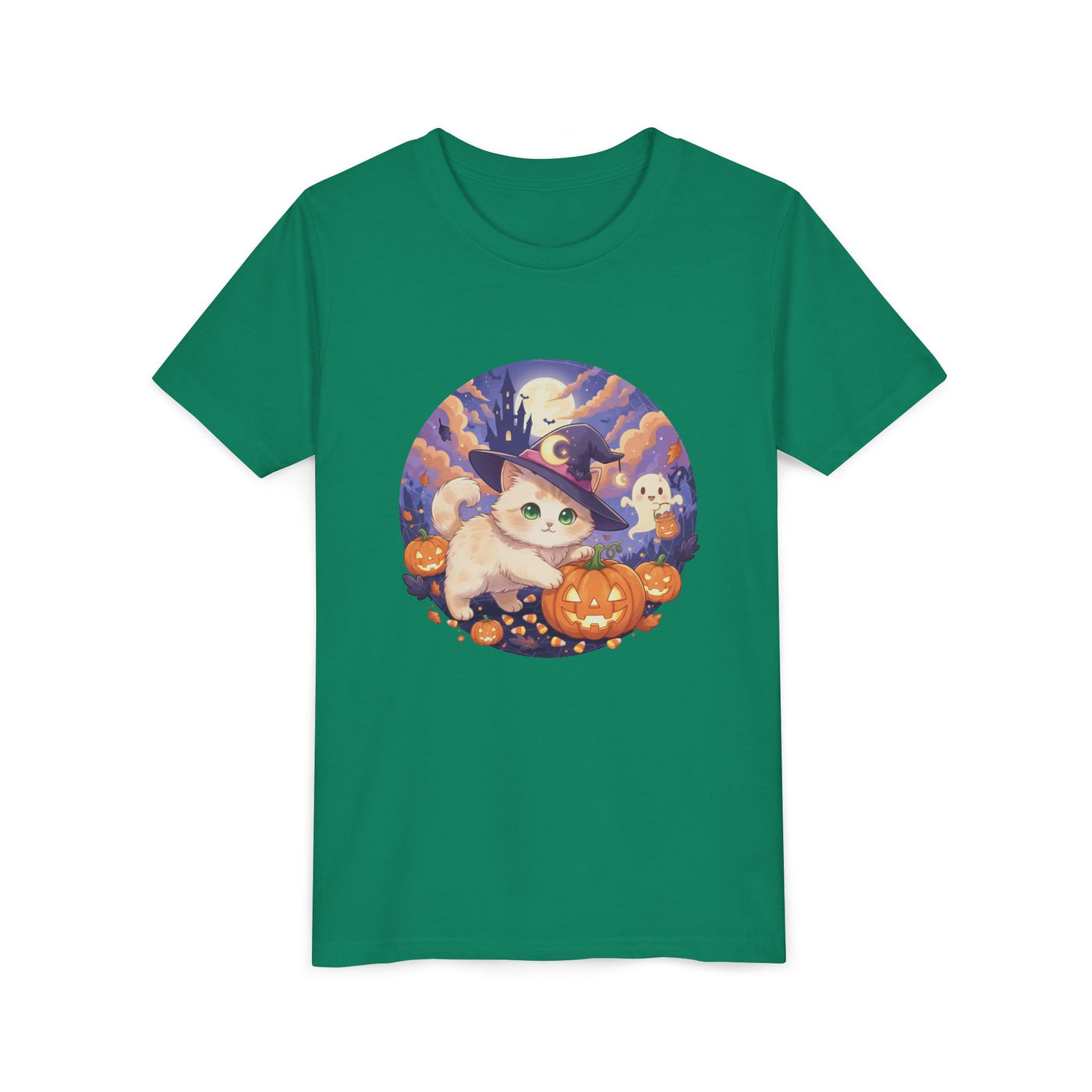 Halloween cute kitten anime style 5 Unisex Youth Tee | T-Shirt, Cute Pumpkin Shirt, Kids Halloween Outfit, Cat Lover Gift, Fun Fall Apparel