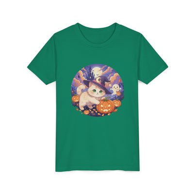 Halloween cute kitten anime style 5 Unisex Youth Tee | T-Shirt, Cute Pumpkin Shirt, Kids Halloween Outfit, Cat Lover Gift, Fun Fall Apparel