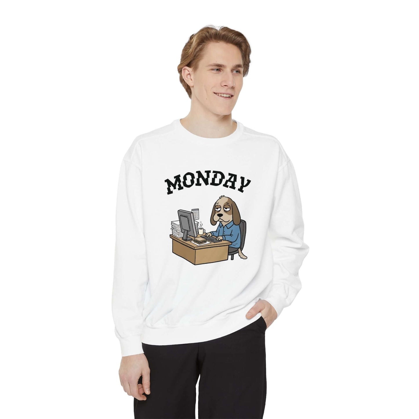 Monday Face Dog Stares Blankly Unisex Crewneck Sweatshirt, featuring a grumpy dog at a desk, perfect for relaxed mornings.