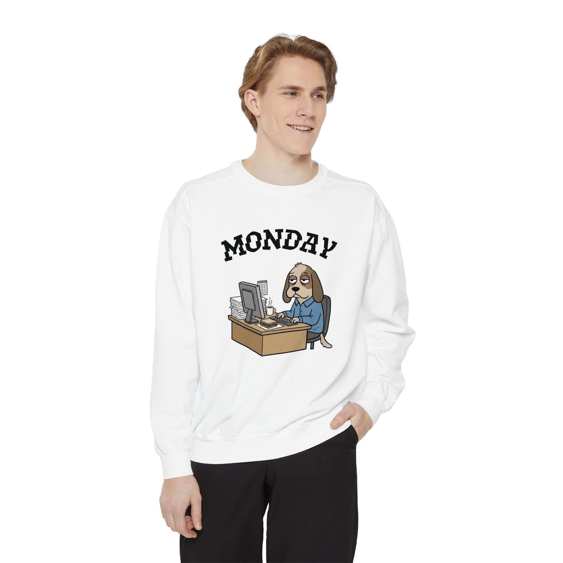 Monday Face Dog Stares Blankly Unisex Crewneck Sweatshirt, featuring a grumpy dog at a desk, perfect for relaxed mornings.