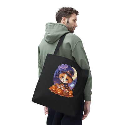 Adorable Halloween Puppy anime style Tote Bag, Pumpkin Lover Gift, Cute Dog Design, Witch Theme, Eco-Friendly Shopping Bag